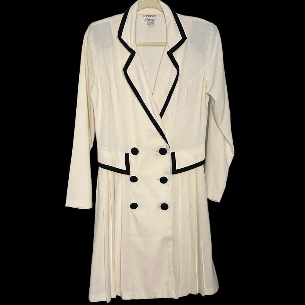 Vintage Cream Colored Blazer Dress with Black Trim Size 7/8